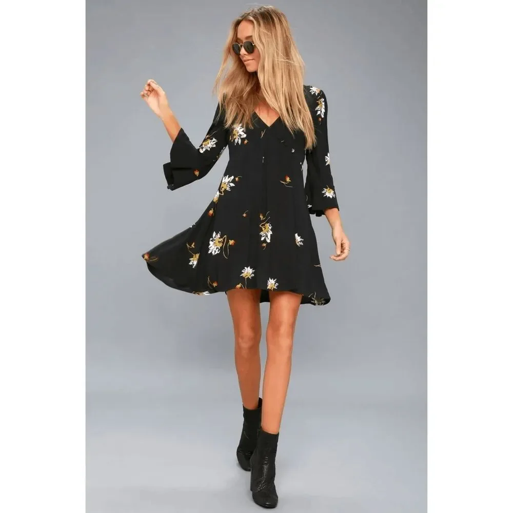 Free People Time On My Side Black Floral Wrap Mini Dress Medium